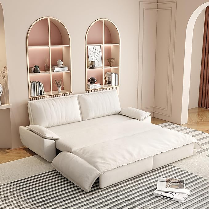 Pull Out Sofa Bed Queen 3 in 1 Convertible Sleeper Sofa Couch with Pullout Bed Comfy Futon Sofa cama moderno Velvet Recliner Loveseat for Living Room Apartment Small Space 73.2 Beige