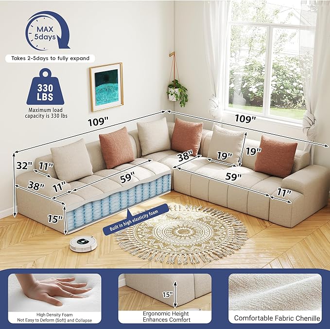 109'' L Shaped Modular Sectional Sofa Chenille Couch for Living Room Bedroom with 6 Cushions Convertible Beige