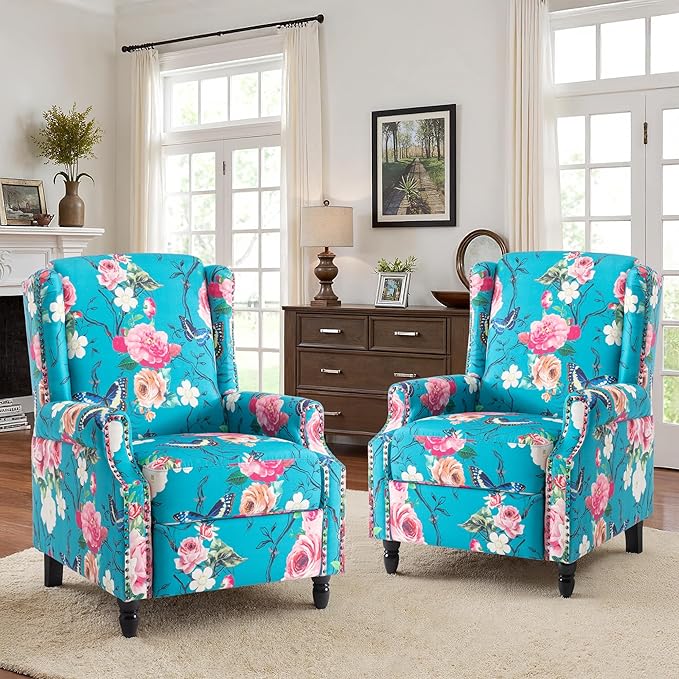Recliner Chair Upholstered Wingback Floral Pushback Armchair with Adjustable Backrest &amp Footrest Comfy Accent Chair Reading Single Sofa for Small Spaces Living Room Bedroom (Peacock Set of 1)