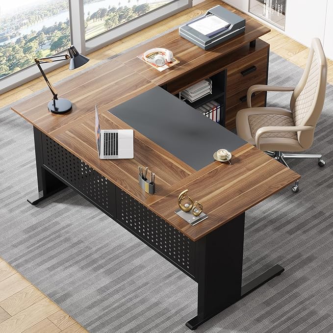 Tribesigns 63 Inch Executive Desk with File Cabinet Large Office Desk L Shaped Computer Desk with Drawers and Storage Shelves Business Furniture Desk Workstation for Home Office Brown and Black
