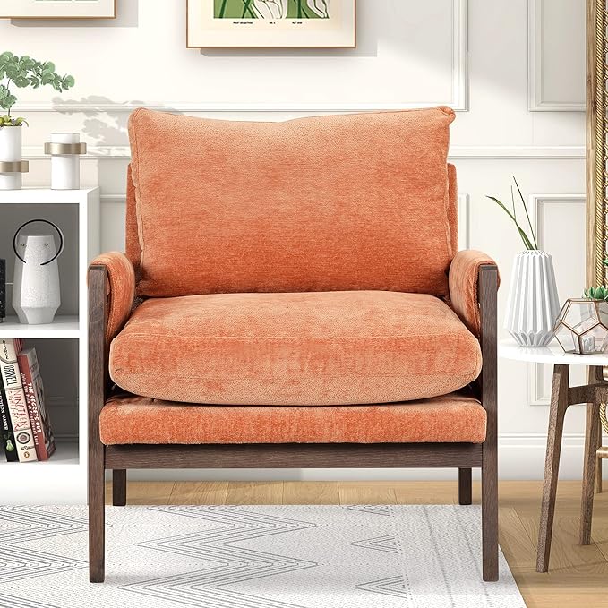 Modern Velvet Accent ChairMid-Century Leisure Chair with Solid Wood and Thick Seat Cushion Living Room Chair for Bedroom Studio Balcony or Club (Orange/Velvet)