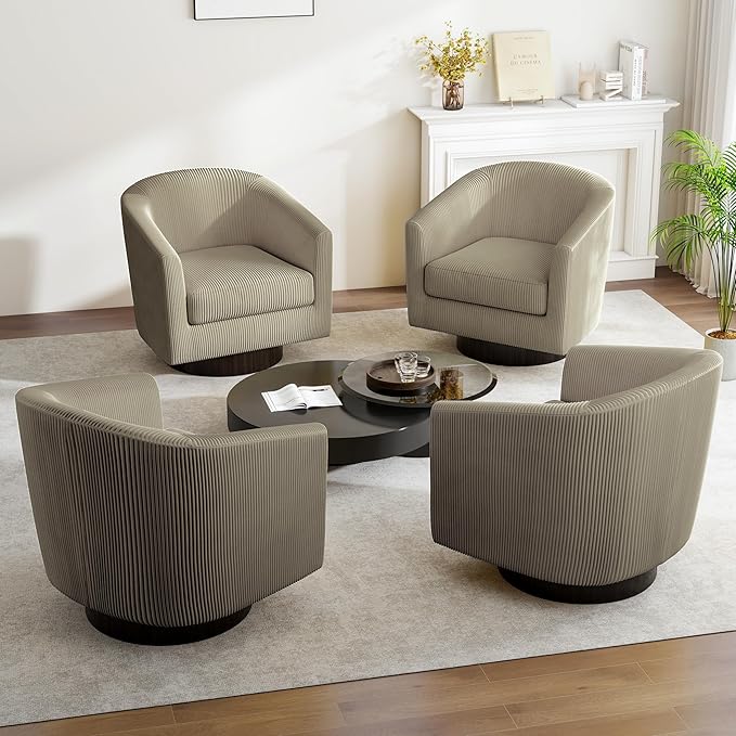 Swivel Barrel Accent Chair Modern Round Corduroy Fabric Arm Chair for Living Room Bedroom Comfy Club Reading Chairs for Adults (Corduroy Camel Set of 4)