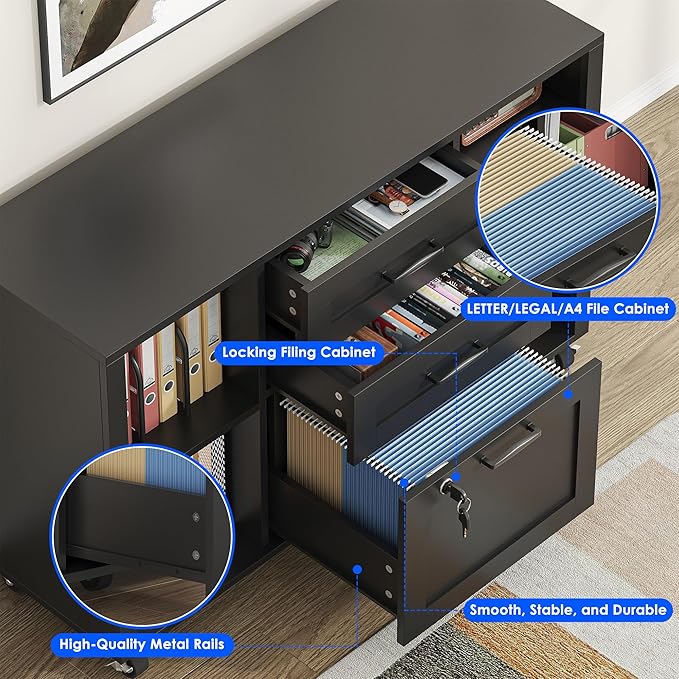 3 Drawer Wood Mobile Large lateral File Cabinet with Lock Lockable Rolling Filing Cabinet with Open Storage Shelves Printer Stand Office Storage for Home Office Fits Files Legal/A4 Black