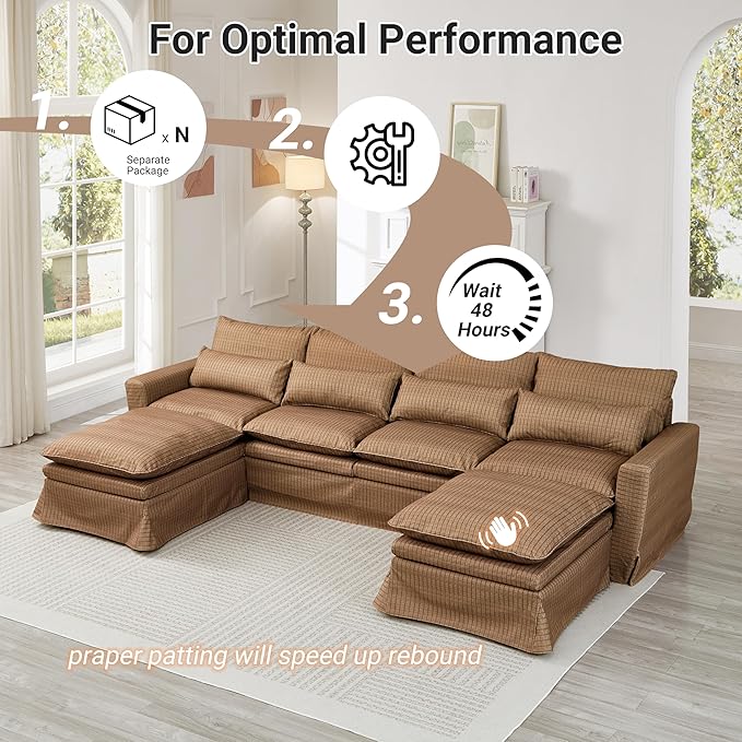 122″ Oversized Modular Sectional Sofa with Movable Ottoman 6-Seat Deep Seat Sofa with Individual Sofa Covers U Shaped Couch for Living Room Bedroom Apartment Fabric Brown Plaid