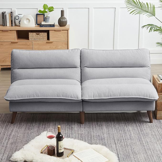 72 Futon Sofa Bed Convertible Futon Couch with Adjustable Backrest Modern Corduroy Sleeper Sofa for Small Spaces Living Room Office Light Grey