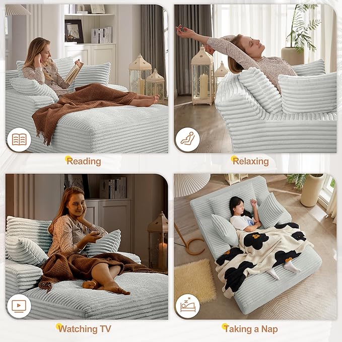 67 Oversized Chaise Lounge Chair Indoor Corduroy Boneless Chaise Lounge Sofa Chair with Pillows &amp Wide Armrest Deep Seat Fluffy Reading Chairs Cloud Couches for Living Room Light Grey