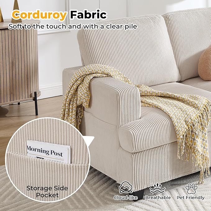 85 Inch Sofa with Side Pocket Corduroy Fabric 3 Seater Couch for Living Room Comfy Modern Small Couch for Bedroom Small Spaces Dorms Office Beige