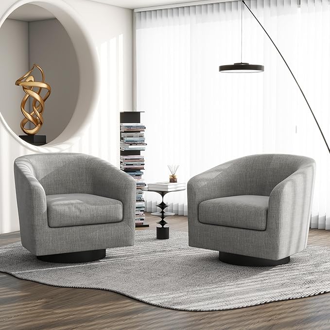 Swivel Barrel Accent Chair Modern Round Linen Arm Chair for Living Room Bedroom Comfy Club Reading Chairs for Adults（Linen Fabric Light Grey Set of 4