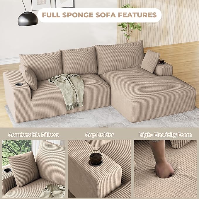 113 Modular Sectional Sofa Cloud Couch Modern Deep Seat Fluffy Corduroy Boneless Couch with Cup Holder Comfy L Shaped Sectional Couches for Living Room Bedroom. (Right Facing Camel)