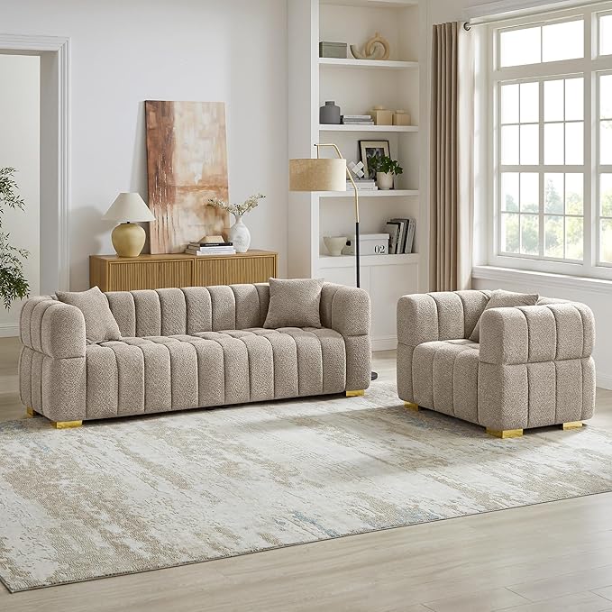 VANOMi Sofa and Chair Set Modern Deep Seat Couch &amp Boucle Sofa Chairs Oversized Upholstered Couch Sets for Living Room Bedroom Office Apartment Camel (2 Pieces)