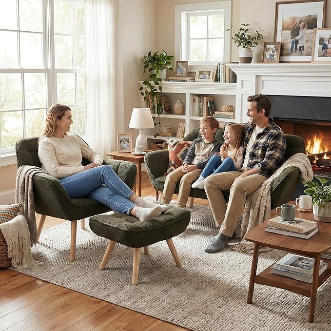 48”Small Loveseat Sofa Modern Sherpa Upholstered Mini Couch 2-Seater Fluffy Love Seat with Quilting Backs and Wood Legs for Small Space Living Room Bedroom Green