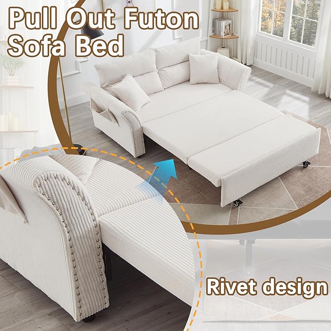 64 Queen Pull Out Futon Sofa Bed with USB Ports 3-in-1 Modern Convertible Sleeper Sofa with Side Pocket ＆ Rivets Comfy Corduroy Loveseat Couch for Living Room Bedroom Apartment (Queen White)