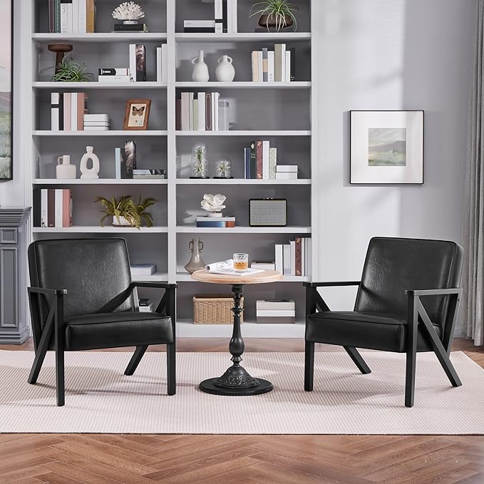 Yaheetech Accent Chair PU Leather Reading Chair Mid Century Modern Arm Chair with Solid Wood Frame for Living Room Bedroom Waiting Room 2 Pieces Black
