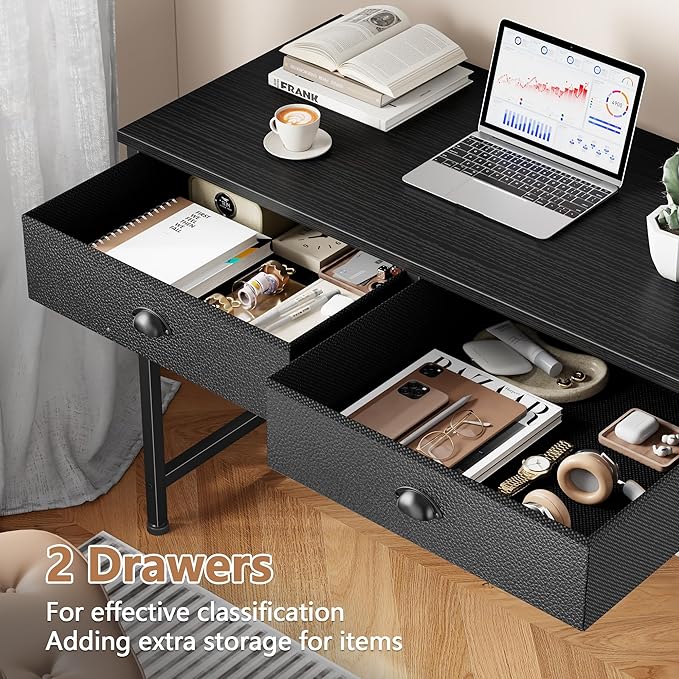 Furologee Small Computer Desk with 2 Fabric Drawers for Bedroom 40 Inch Simple Home Office Desk for Small Space Study Work Writing Table with Hooks for Kids Student Black