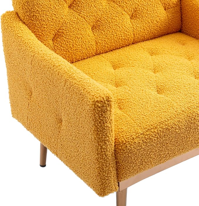 Modern Teddy Fabric Accent ChairUpholstered Button-Tufted Single SofaComfy Armchair Chair with Rose Golden Legsfor Living Room Bedroom Home Office (Mustard)