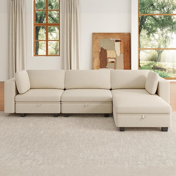Modular Sectional Sofa Oversized L Shaped Sectional Couch with Storage Ottoman Modular Couch with Large Deep Seat Comfy Convertible Sectional Couches for Living Room and Apartment Beige