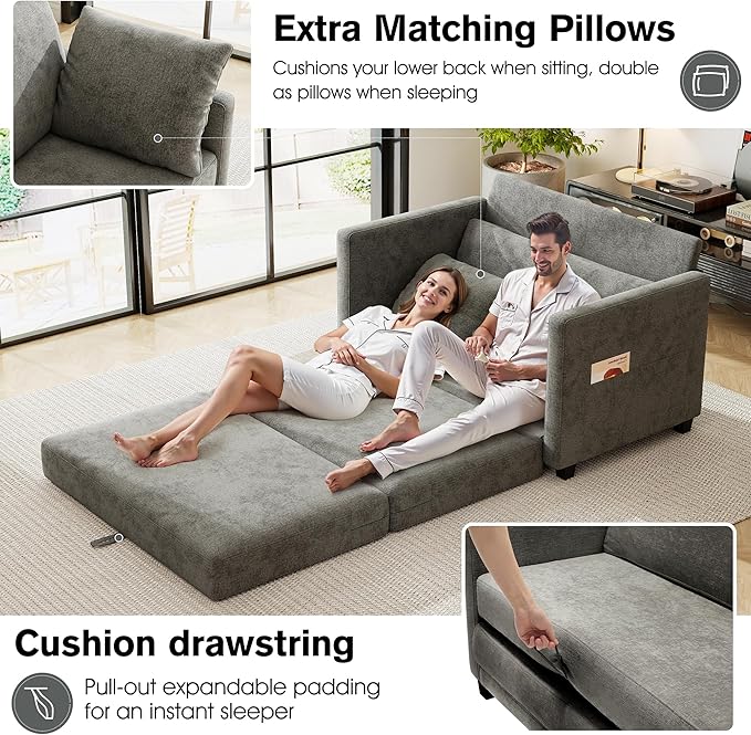 51 Loveseat Sleeper Sofa Bed Chenille Convertible Floor Sofa Bed for Small Spaces Folding Couch Bed with Deep Seat 2 Pillows &amp Solid Frame Pull Out Floor Couch for Living Room Grey