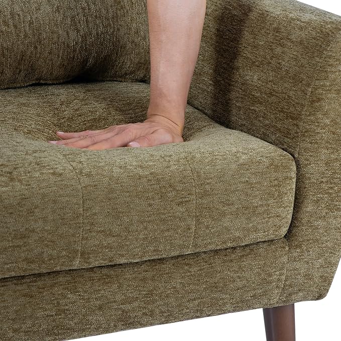 KEIKI Modern Accent Chair Chenille Armchair with Pillow Upholstered Arm Chairs with Solid Wood Legs Soft Padded Lounge Chair Mid Century Reading Chair for Living Room Bedroom Olive Green