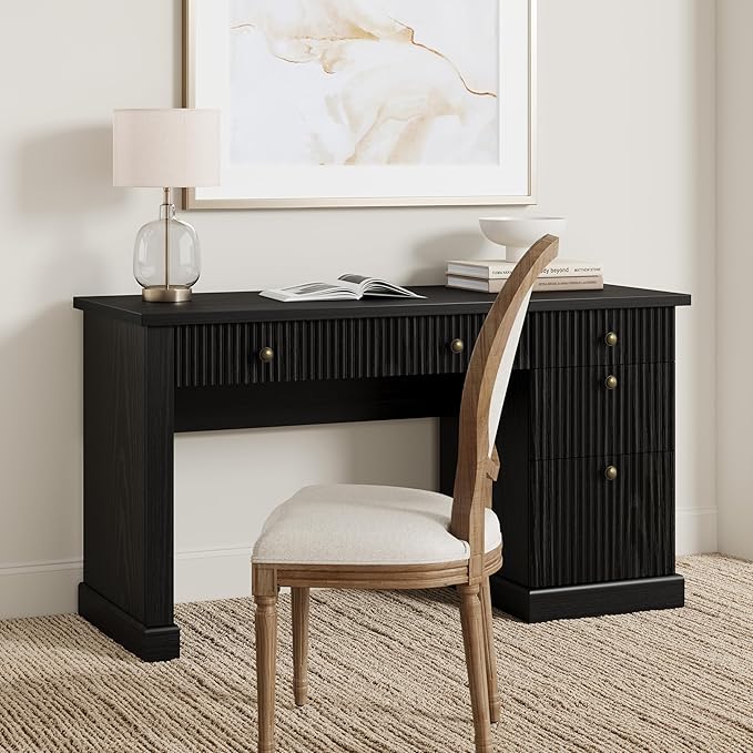 Garvee Fluted Home Office Desk Storage 54 Modern Executive Desk with Charging Station Wooden Computer Writing Desk with File Cabinet &amp Drawers for Study Living Room Bedroom