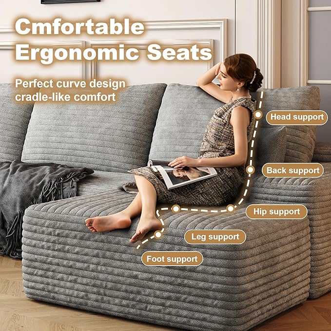 108 Sectional Couches for Living Room Modern Modular Sofa with L-Shape Couchs Upholstered Boneless Couch Deep Seat Sectional Couch with Chaise (Grey Left Facing Chaise+2Seaters+1Ottoman)