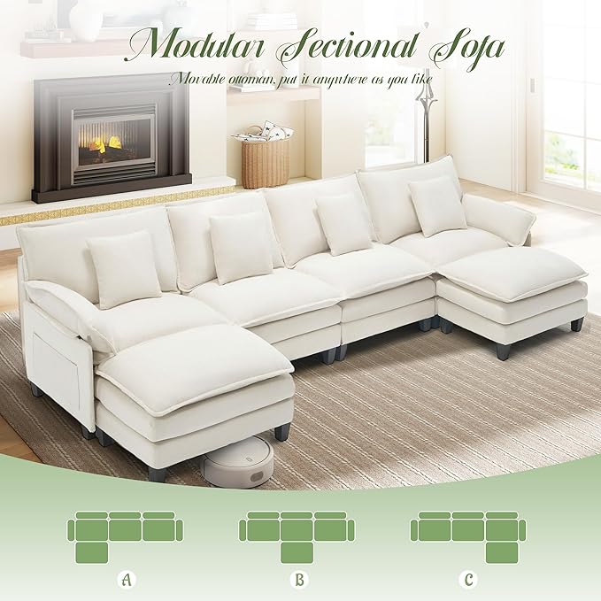 Comfy Cloud Couch with Movable Ottoman Modular Sectional Sofa 140 U Shaped Modern Sofa with Pillows Deep Seat Couches for Living Room Bedroom and Apartment Beige
