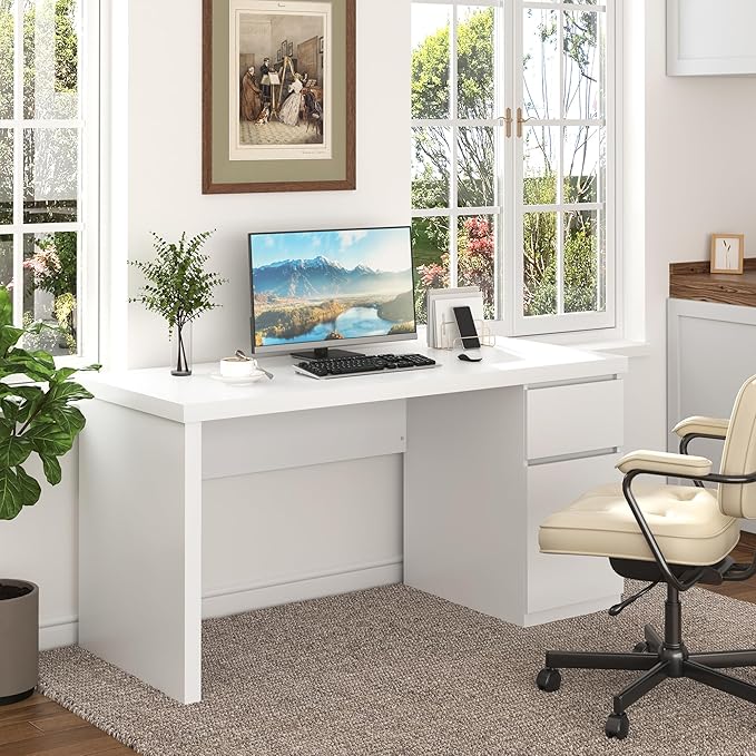 White Desk with Drawers 55 Inch Small Computer Desk with Storage Cute Home Office Desk for Study Vanity Gaming Modern Computer Desk for Bedroom and Office White