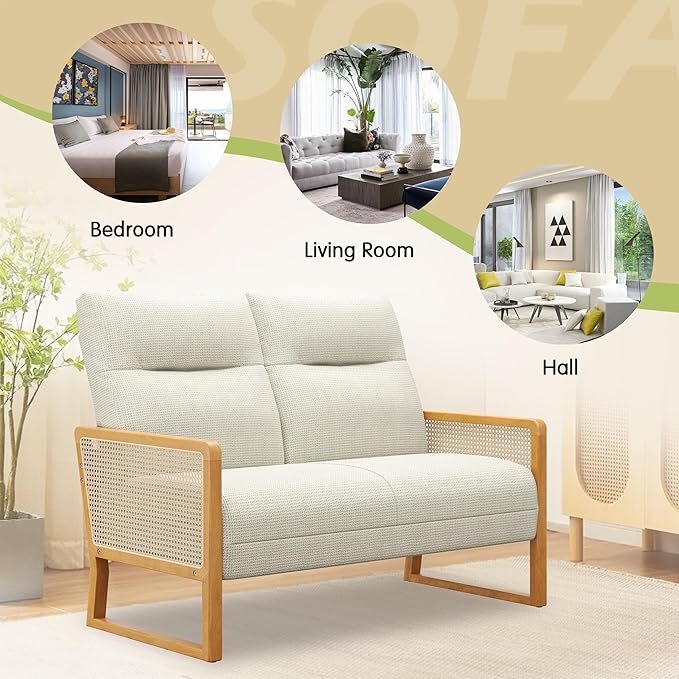 Alunaune Modern Loveseat Bench Couch with Natural Rattan Arm Upholstered Linen Small Love Seat Sofa 2-Seats Living Room Couch Settee Comfy Lounge Recliner Chair-Ivory