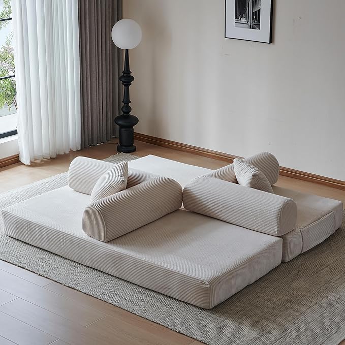 79 Convertible Sleeper Sofa Bed Modern Corduroy Floor Couch Bed with Fixed-Shape Frame Modular Sofa Couch with Pull Out Bed Boneless Loveseat Sleeper Couches for Living Room Beige