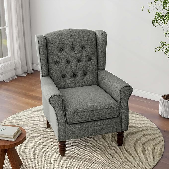 Accent Chair Upholstered Armchair with Button Tufted High Back &amp Solid Wood Legs Comfy Wingback Reading Single Sofa Chair for Small Spaces Living Room Bedroom (Grey Set of 1)