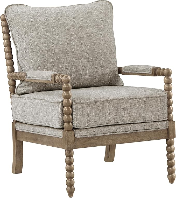 OSP Home Furnishings Fletcher Spindle Accent Chair with Rustic Brown Finish Fog Beige Upholstery