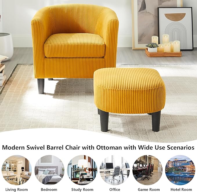 mikibama Accent Chair with OttomanCorduroy Accent Armchair with FootrestModern Mid Century Barrel Chair with Foot StoolSingle Sofa Club Chair for Living RoomBedroomOffice (None Swivel Yellow)
