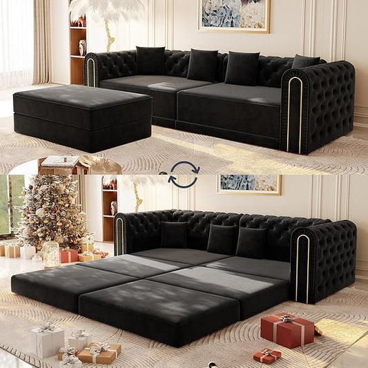 Polibi 90.6 3-in-1 Convertible Sleeper Sofa Bed Velvet Tufted Modern 3-Seater Couch with Movable Ottoman &amp Gold Trim King Size Sleeper for Living Room Apartment Black