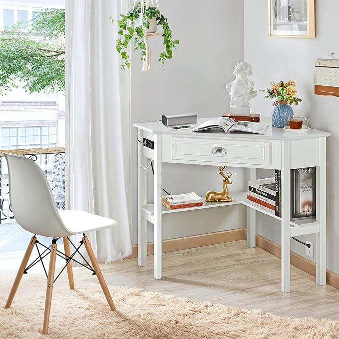 Yaheetech L Shaped Corner Computer Desk with Power Outlets Reversible Triangle Workstation with USB Ports and Hook for Small Space Modern Home Office Desk Gaming Table with Drawer &amp Shelf White