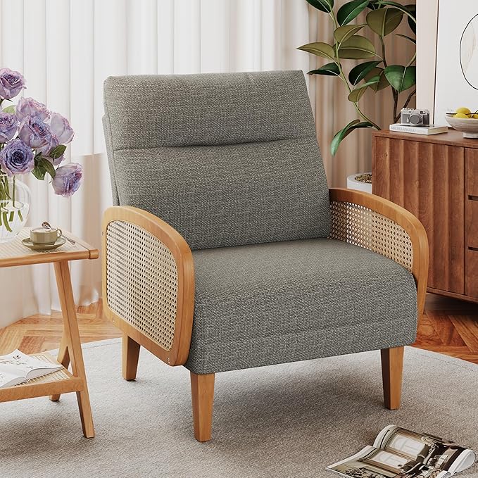 Andeworld Accent ChairUpholstered Modern Living Room Chairs with Natural Rattan Arm Linen Fabric Arm Chair with Wooden Legs for Bedroom Club Balcony Reception Taupe