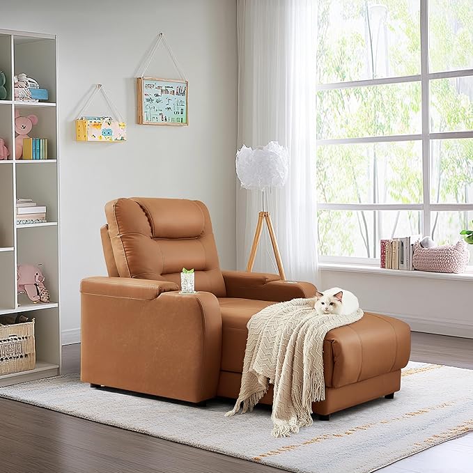 Power Recliner Chair with Cup Holder Comfy Reading Chair for Bedroom Oversized Recliner for Living RoomApartment (Faux Leather Brown)