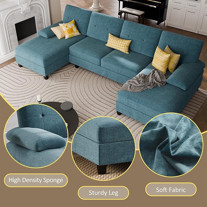 JY QAQA Sectional Couche with Soft Cushion U-Shaped Sofa with Double Chaise 4-Seat Linen Fabric Sofa Sets for Living Room Apartment Denim Blue
