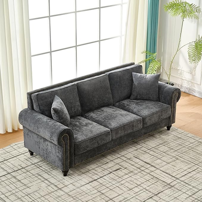 86.5 Chenille Sofa Couch 3-Seater | Modern Chesterfield Sofa with Traditional Rolled Arms Nailhead Trim &amp Solid Wood Frame | Living Room Upholstered Couch | Grey