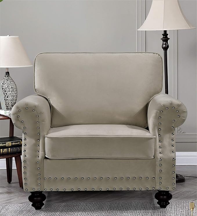 Lotus Mid Century Modern Velvet Upholstered Living Room Rolled Arms Chair 38 Beige