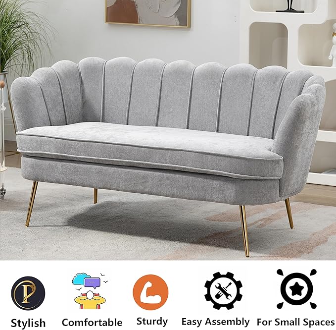 Chenille Small Sofa Couch for Small Spaces Living Room Bedroom59 Loveseat Couches with Gold Metal LegsChannel Tufted 2 Seater Sofas with Curved Back and Arms for ApartmentRV.