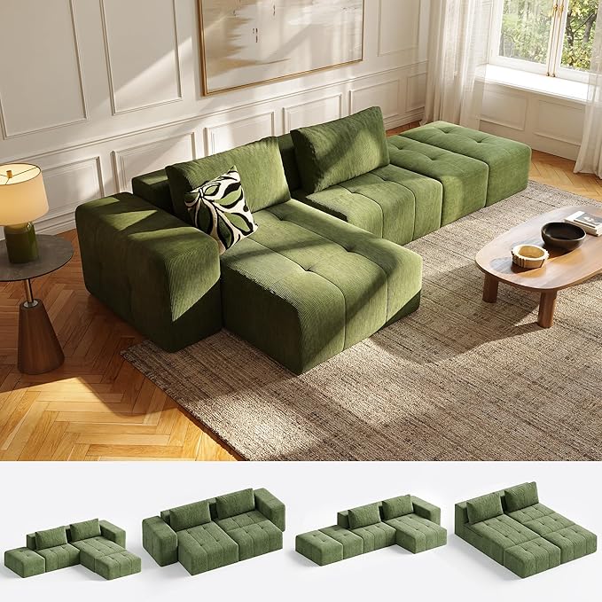 141 Cloud Sectional Couch for Living Room Oversize Boneless Modular Sectional Sofa with Deep Seat L Shaped Modern Cloud Sleeper Sofa Bed with Chaise Green