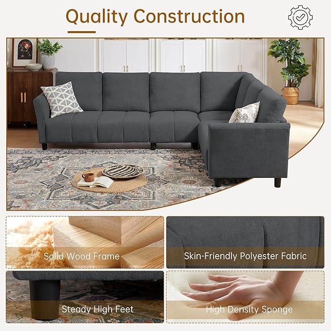 Convertible Sectional Sofa L Shaped Couch with Removable Washable Covers 6 Seat Sofa Couch with Friendly Fabrics Modern Corner Sofa for Living Room Apartment Office Dark Grey