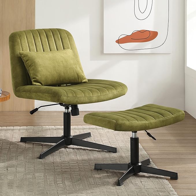 Art Leon Criss Cross Chair - with Ottoman and Pillow Armless Office Desk Chair No Wheels Modern Swivel Height Adjustable Mid Back Wide Seat Computer Task Vanity Chair for Home Office Green