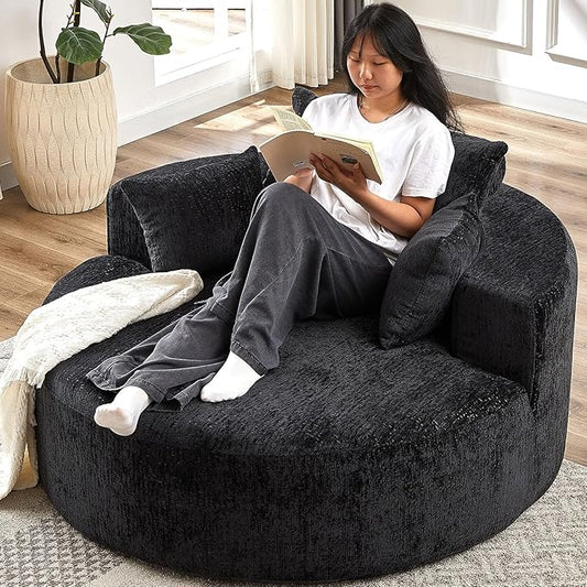 55''L Chenille Sponge Single Sofa Oversized Round Chair Fluffy Modern Longue Chair for Living Room Projection RoomWide Armrest Lounge Chairs Armchair with Pillow Black