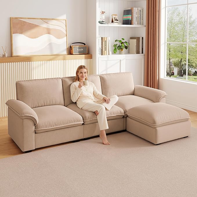 KEIKI 102 3Seat Modular Sectional Velvet Sofa Couch with Chaise Memory Foam for Living Room Small Space Style Conscious Homeowners Warm Inviting Comfy Supportive Rest Space Premium Design Coffee