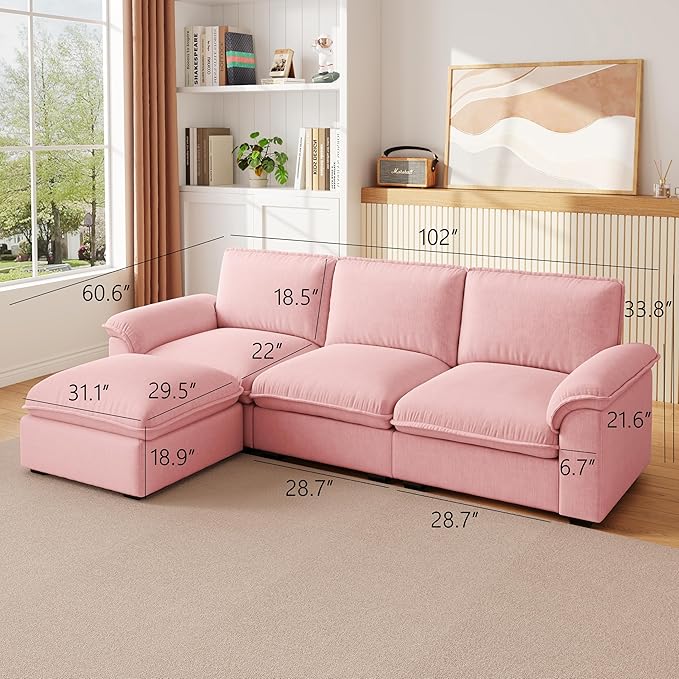 KEIKI 102 3Seat Modular Sectional Velvet Sofa Couch with Chaise Memory Foam for Feminine Retreat Bedroom Studio Style Conscious Glam Seekers Luxurious Elegant Sophisticated Quality Design Pink