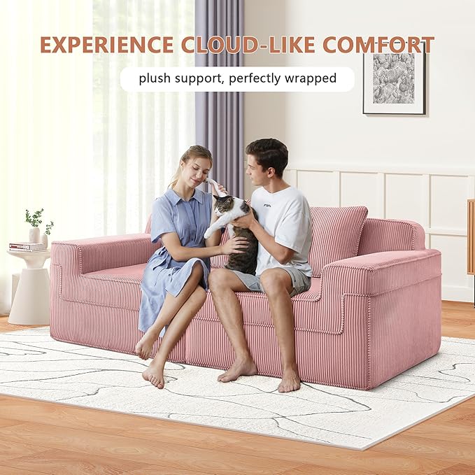 81.1 2-Seater Modular Loveseat SofaCorduroy Boneless Sectional CouchDeep Seat Comfy Cloud Couch Sofa for Living Room BedroomNo Assembly Required