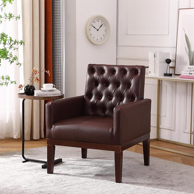 Generic PU Leather Accent Chair Upholstered Lounge Sofa Armchair Comfortable Armchair with Wooden Legs in Log Color Modern Button Reading Chair for Bedroom Living Room Dark Brown