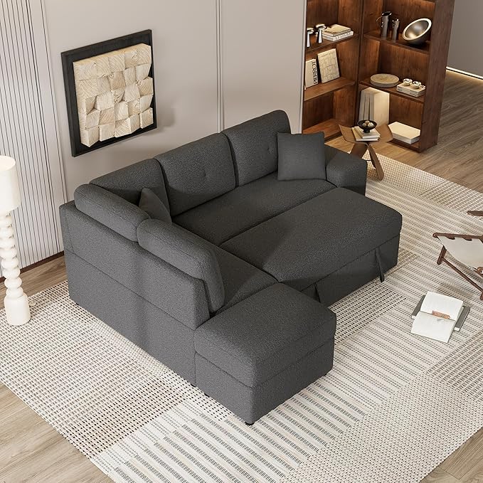 Upholstered L-Shaped Convertible Corner Sofa Couch with 2 Stools and 2 Throw Pillows Chenille Sectional Pull Out Sofa Bed with Storage Ottoman and 2 Hidden USB Ports for Living Room (Dark Grey-5)