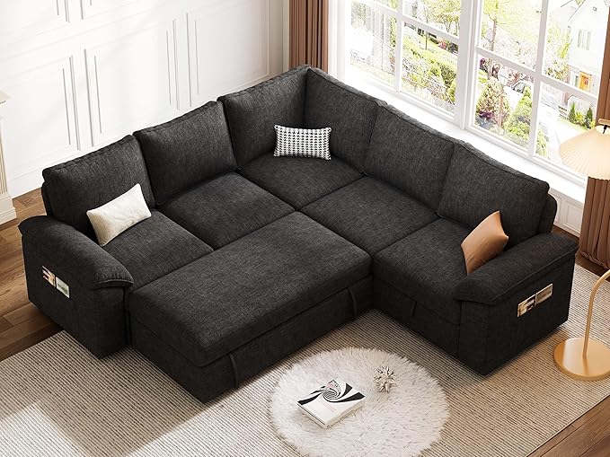 85 Inch Modular Sectional Sofa with Pull Out Bed L Shaped 5 Seat Sectional Sleeper Sofa with Storage Sectional Couches for Living Room Cloud Modular CouchRemovable Sofa Cover Black