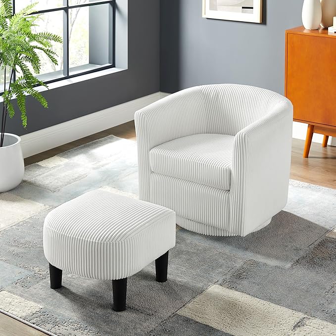 Boucle Swivel Barrel Chair with Ottoman White Sherpa Accent Chair with Curved Backrest &amp Pillow Comfy Upholstered Armchair for Living Room Bedroom Reading Spaces (White)